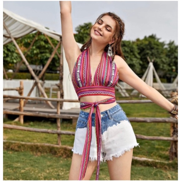 FESTIVAL RED EMBROIDERED HALTER TOP SIZE MEDIUM - Picture 4 of 8